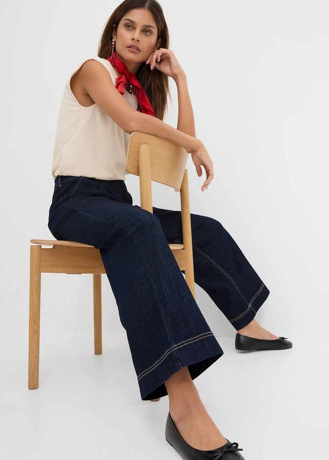 Wide leg jeans met comfortband, high waist • donkerblauw denim • product-page.page-title-suffix