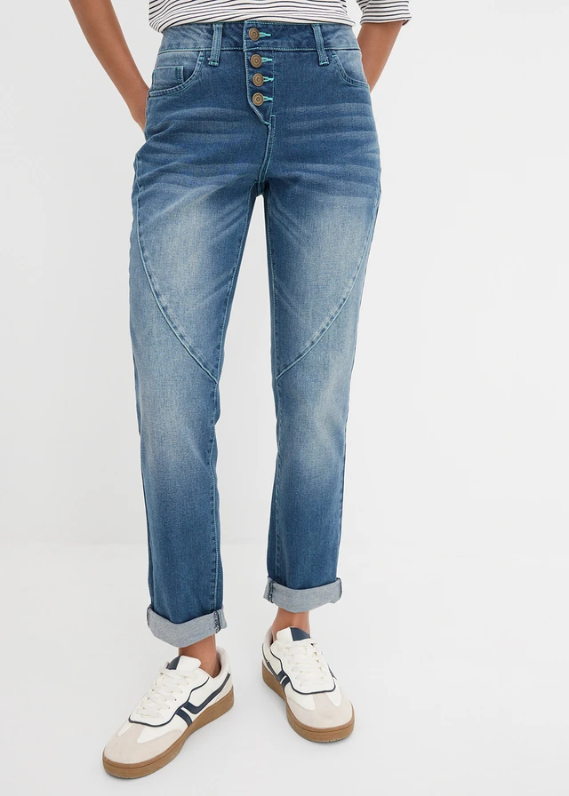 Blugi boyfriend  Low Waist cu stretch, culoare: bleumarin denim uzat