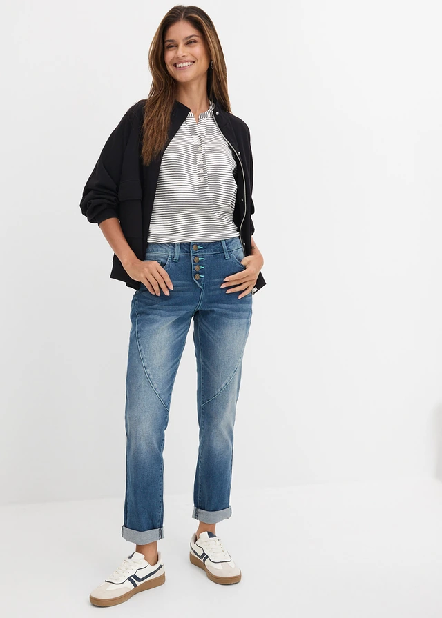 Jean boyfriend taille basse, extensible, Couleur: bleu foncé denim used