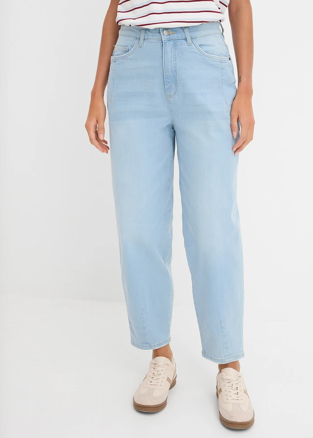 Jean barrel taille haute en coton, Couleur: bleu clair denim