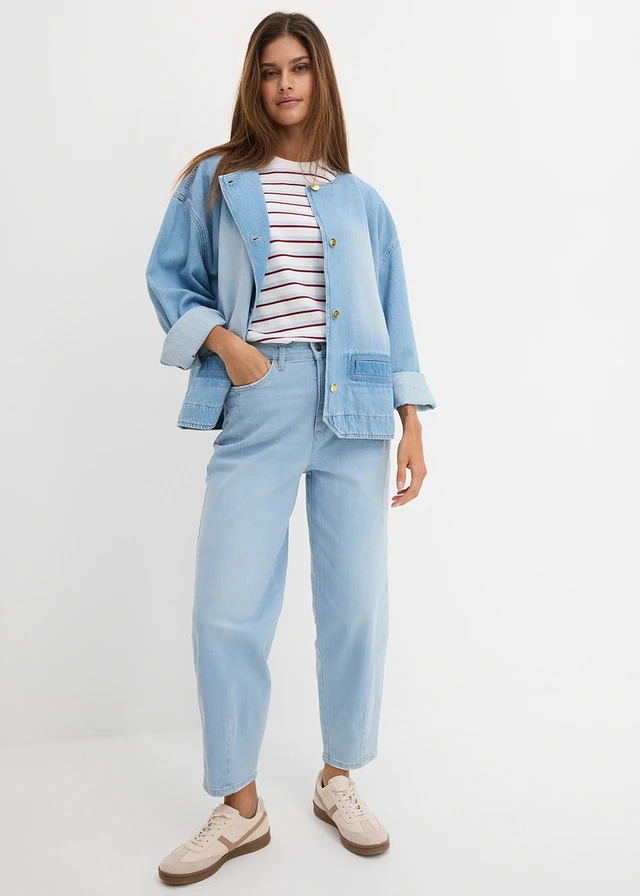 Jean barrel taille haute en coton, Couleur: bleu clair denim