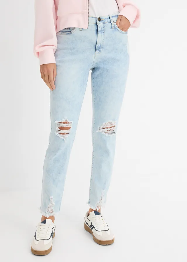 Jean Mom taille haute avec effets destroy, Couleur: bleu used