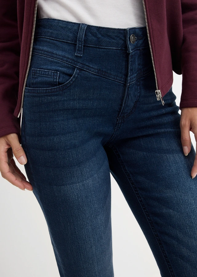 Jeansy ze stretchem, skinny, high waist, cropped • granatowy denim • sklep bonprix