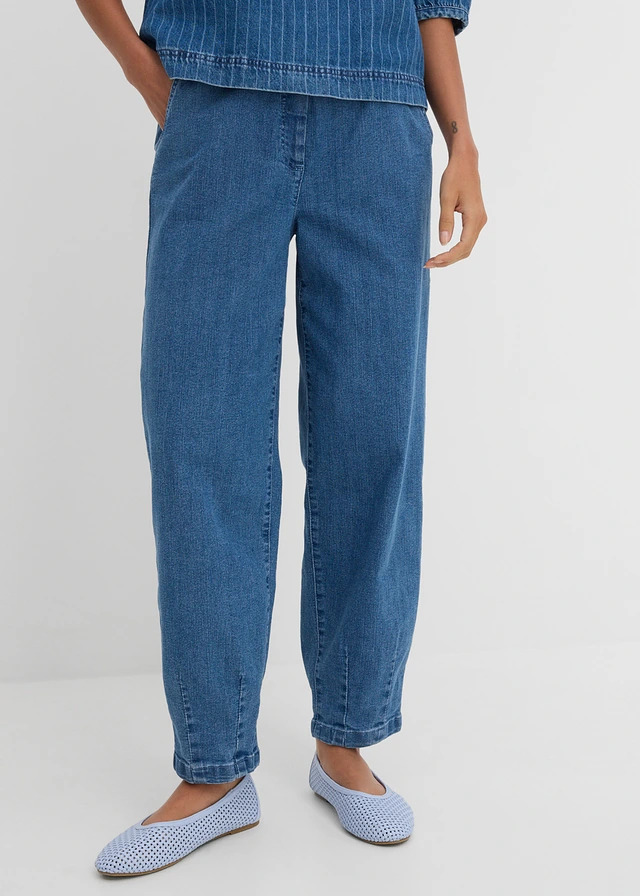 Jean mom, taille haute élastiquée, Couleur: bleu moyen denim used