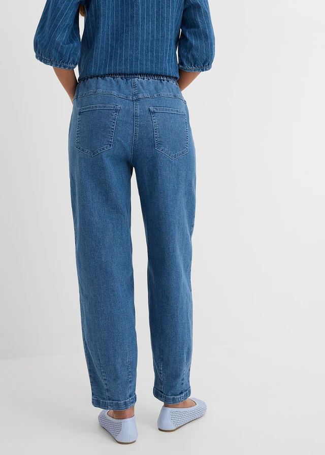 Jean mom, taille haute élastiquée, Couleur: bleu moyen denim used