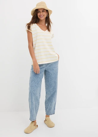 Jean barrel taille mi-haute élastiquée, Couleur: bleu clair denim délavé