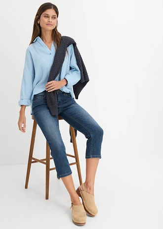 Jeansy slim fit, cropped, średni stan • ciemnoniebieski "used" • sklep bonprix