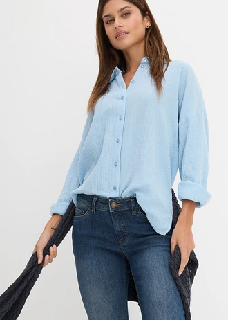 Jeansy slim fit, cropped, średni stan • ciemnoniebieski "used" • sklep bonprix