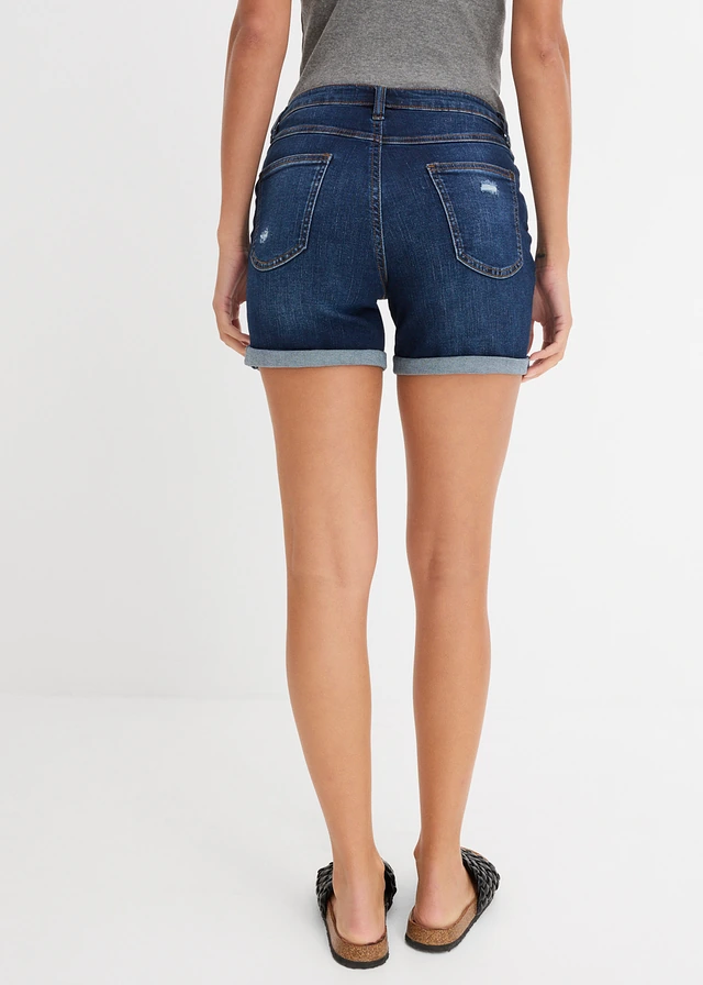 Jeans mid waist short met destroyed effecten, Kleur: blauw denim
