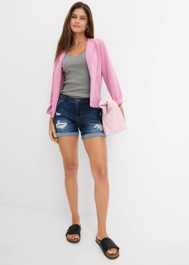 Jeans mid waist short met destroyed effecten, Kleur: blauw denim