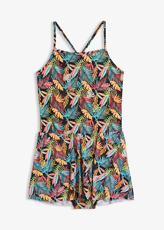 Badpakjurk met aangezette rok, Kleur: zwart gebloemd