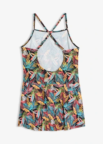 Badpakjurk met aangezette rok, Kleur: zwart gebloemd