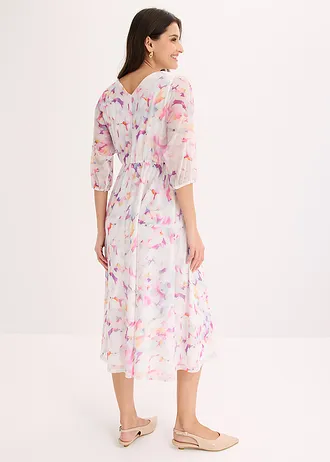 Jersey jurk van zacht mesh, Kleur: wolwit gebloemd