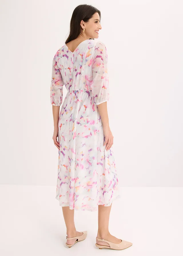Jersey jurk van zacht mesh, Kleur: wolwit gebloemd