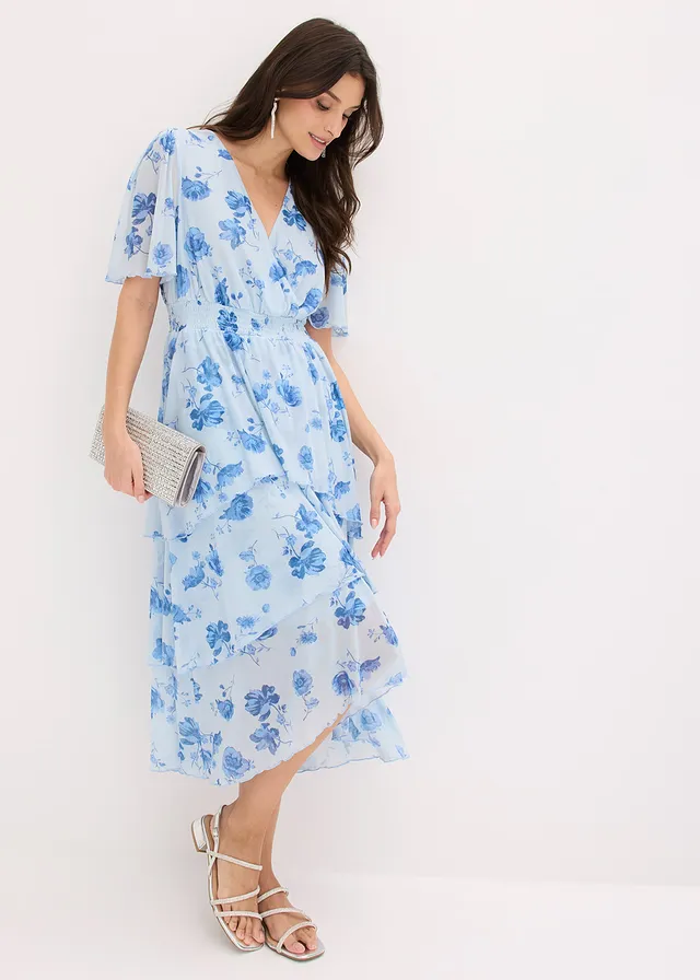 Robe midi en mesh doux, Couleur: bleu poudré floral