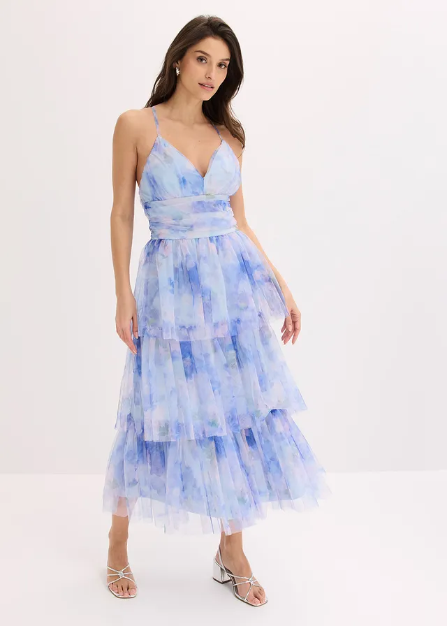 Robe midi en tulle fin à volants, Couleur: bleu clair floral