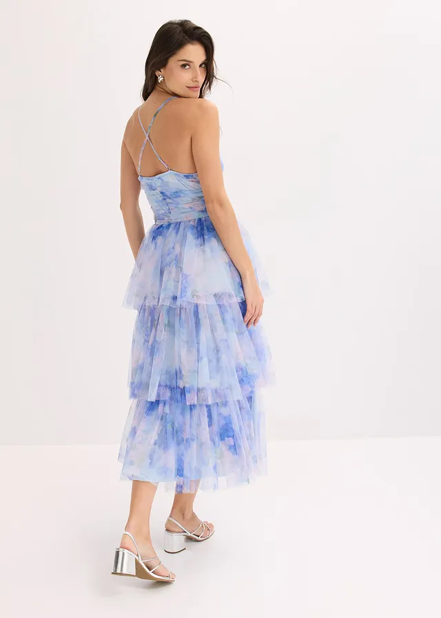 Robe midi en tulle fin à volants, Couleur: bleu clair floral