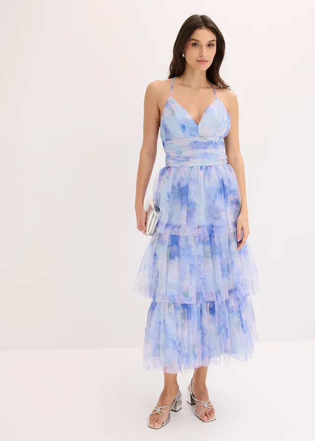 Robe midi en tulle fin à volants, Couleur: bleu clair floral