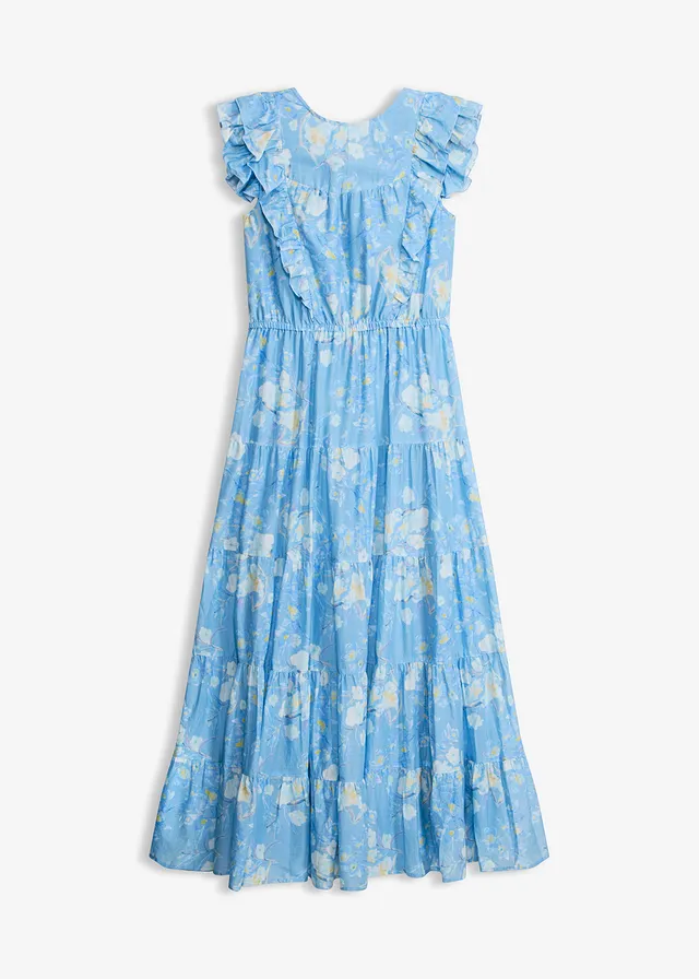 Robe longue 100% coton, Couleur: bleu poudré floral
