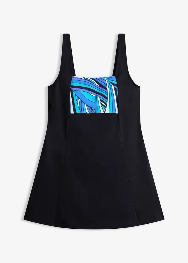 Stahovací koupací šaty s delší nohavičkou, lehký tvarující efekt • černo-modrá s grafickým vzorem • bonprix obchod