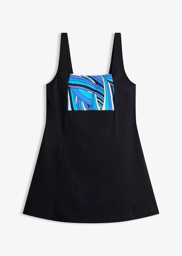 Licht corrigerende badpakjurk met lange pijpen, Kleur: zwart-blauw grafische print