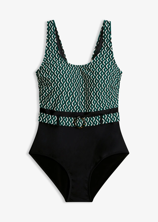 Maillot sculptant avec ceinture, maintien modéré • noir-vert-blanc graphique • Boutique bonprix