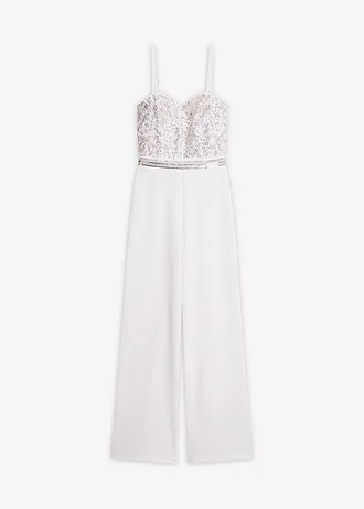 Bruidsjumpsuit van crêpe met structuur en parelborduursel, Kleur: wolwit