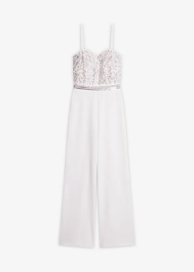 Jumpsuit van gestructureerde crêpe met parelborduursel, Kleur: wolwit