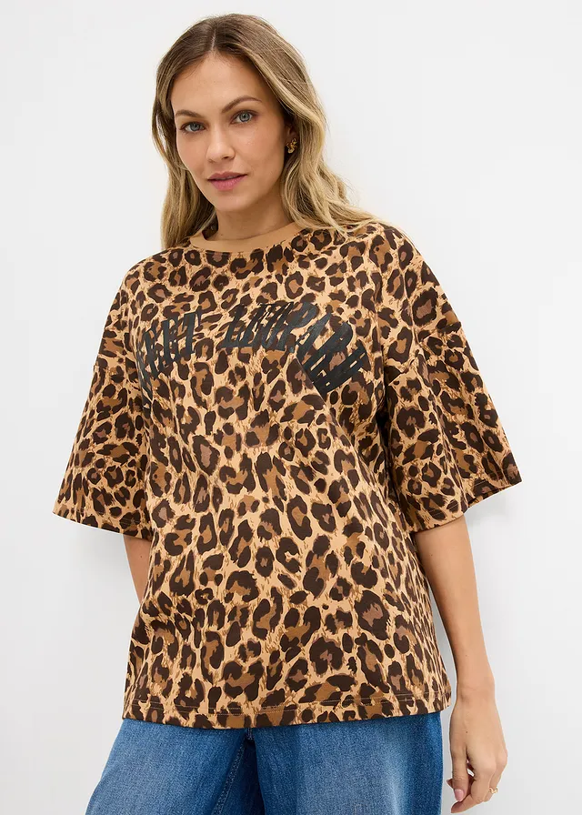 Oversized shirt van puur biologisch katoen, Kleur: cappuccino-donkerbruin luipaardprint