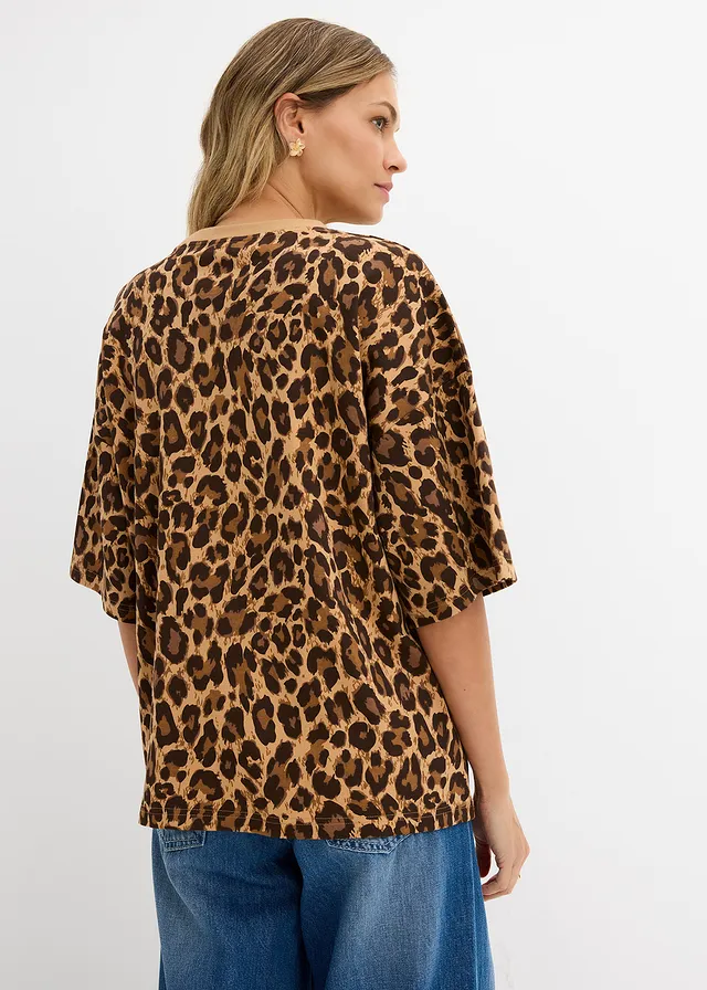Oversized shirt van puur biologisch katoen, Kleur: cappuccino-donkerbruin luipaardprint