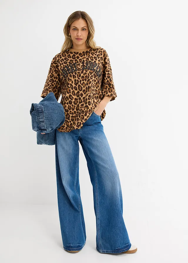 Oversized shirt van puur biologisch katoen cappuccino-donkerbruin luipaardprint