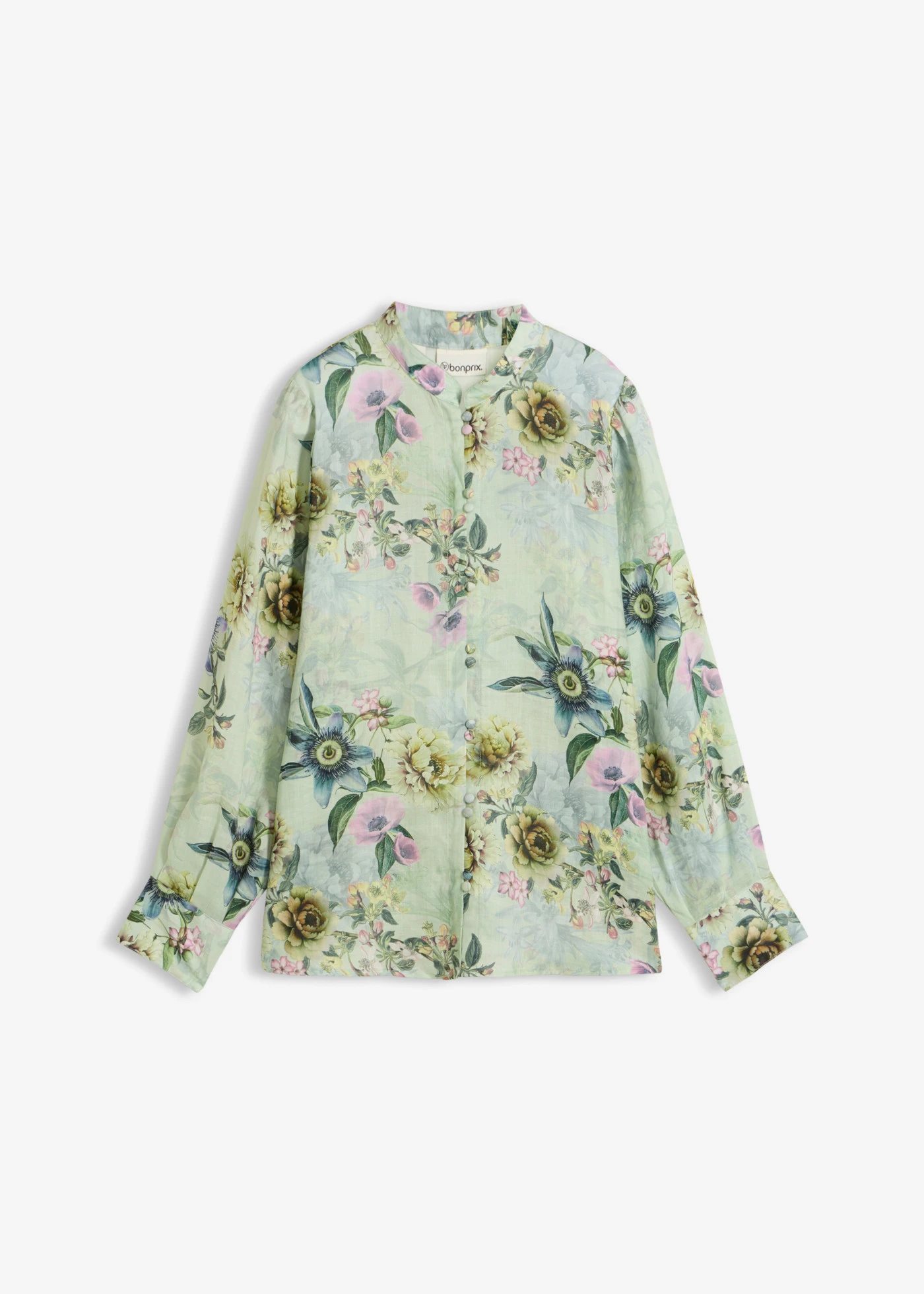 Blouse met volants van verkoelende ramie • grijsgroen gebloemd • bonprix online shop