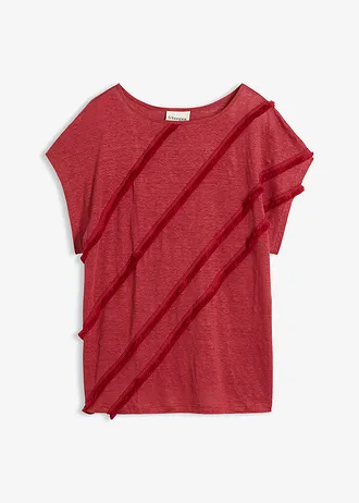T-shirt 100% lin avec application, Couleur: rouge cerise