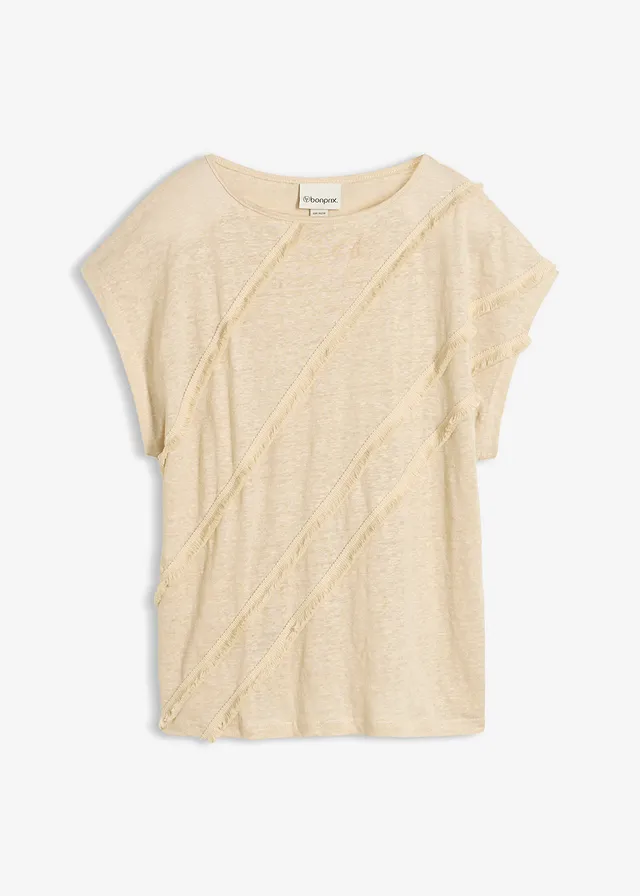 Shirt van puur linnen met applicatie, Kleur: lichtsand