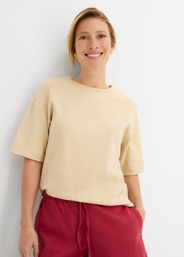 T-shirt boxy en coton épais, Couleur: sable clair