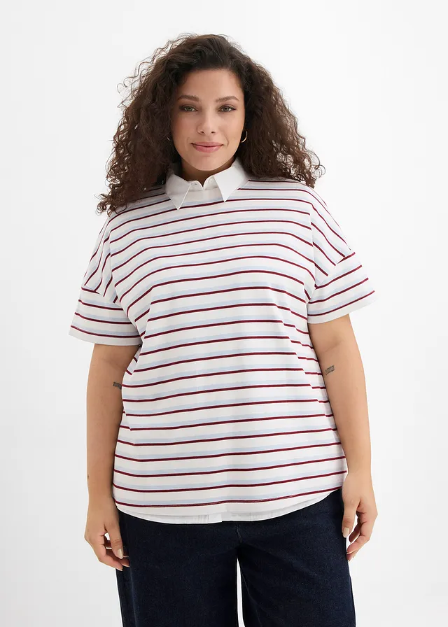 T-shirt 100% coton, Couleur: blanc-bleu poudré-rouge rubis