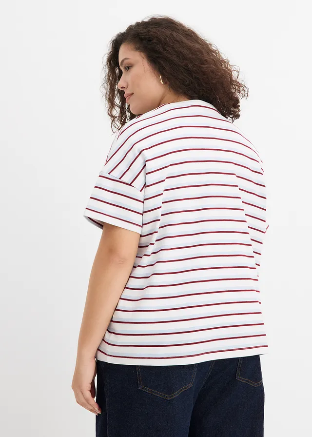 T-shirt 100% coton, Couleur: blanc-bleu poudré-rouge rubis