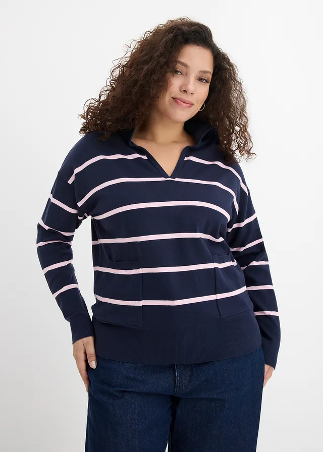 Fijn gebreide polotrui, Kleur: donkerblauw-kristalroze gestreept