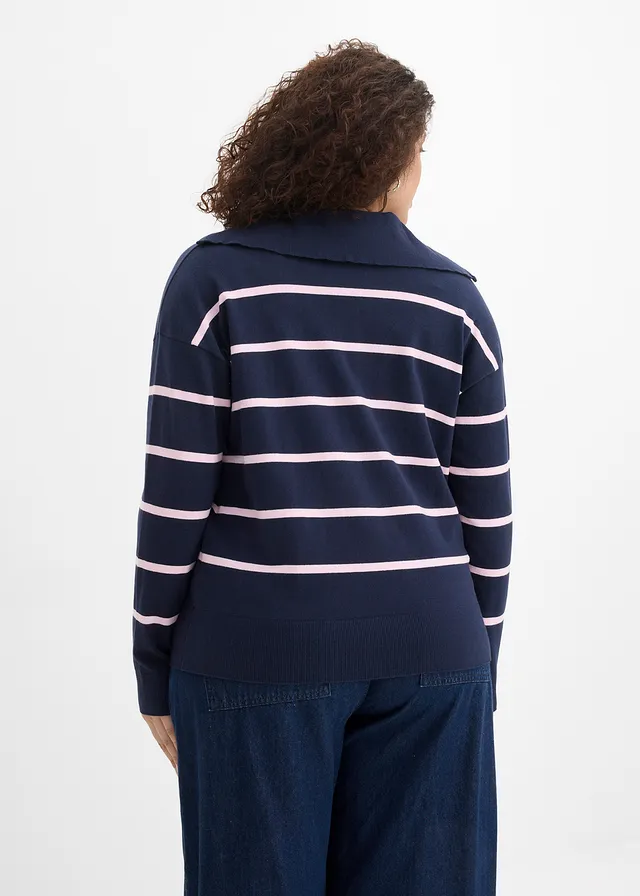 Pull polo en fine maille, Couleur: bleu foncé-rose cristal rayé