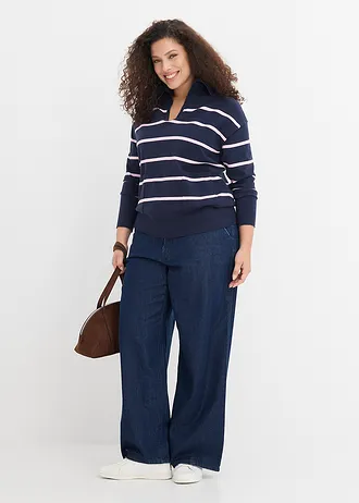 Kötött pulóver, szín: sötétkék-kristály rózsaszín csíkos