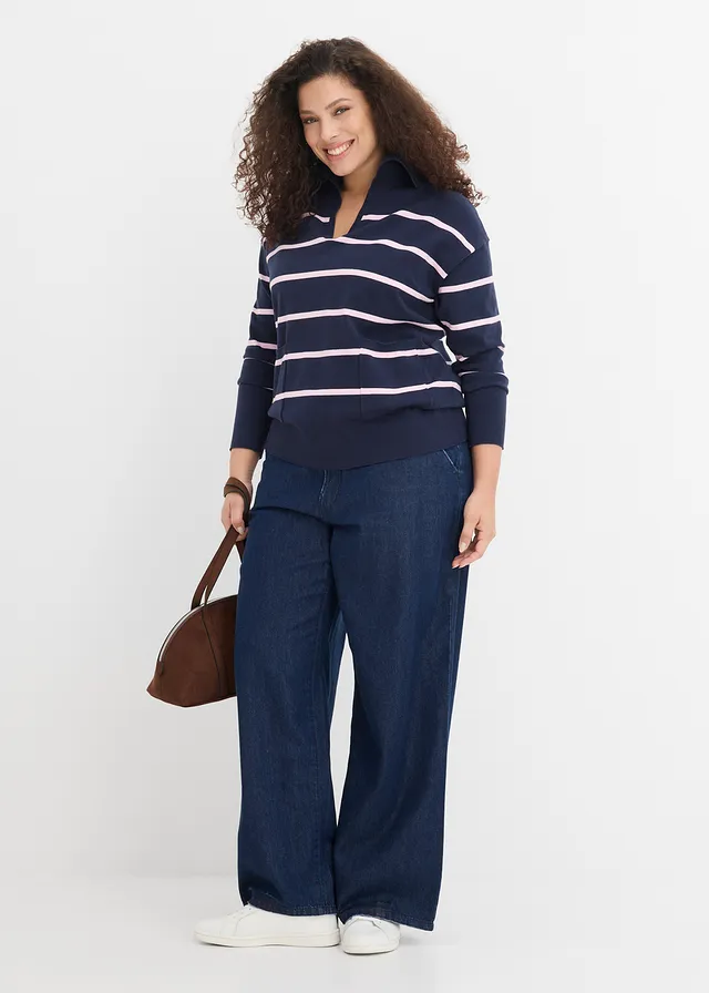 Pull polo en fine maille, Couleur: bleu foncé-rose cristal rayé