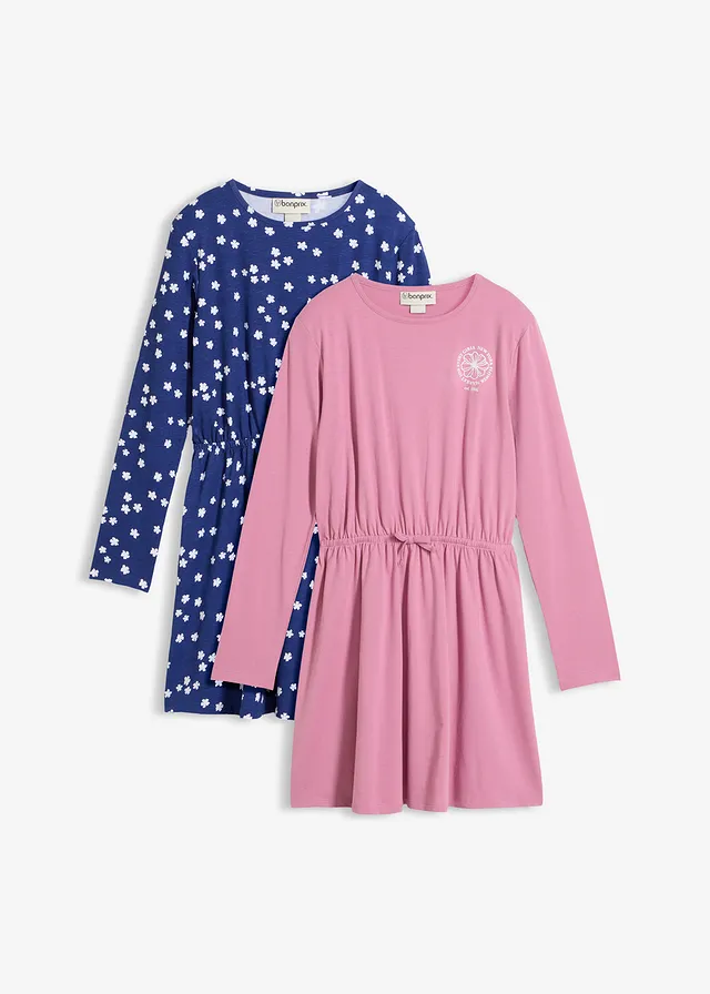 Jersey jurk met elastisch biologisch katoen (set van 2), Kleur: mauve+middernachtblauw gebloemd