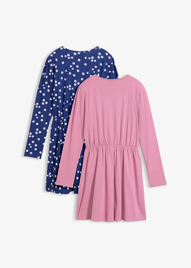 Jersey jurk met elastisch biologisch katoen (set van 2), Kleur: mauve+middernachtblauw gebloemd