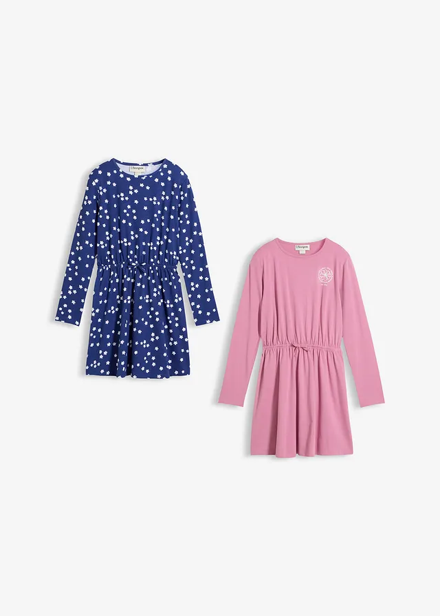 Jersey jurk met elastisch biologisch katoen (set van 2), Kleur: mauve+middernachtblauw gebloemd