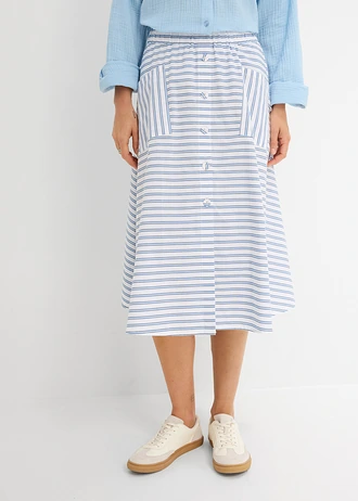 Jupe midi 100% coton, Couleur: bleu moyen-blanc-bleu foncé rayé