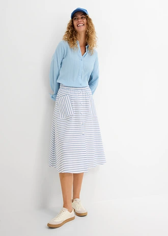 Jupe midi 100% coton, Couleur: bleu moyen-blanc-bleu foncé rayé