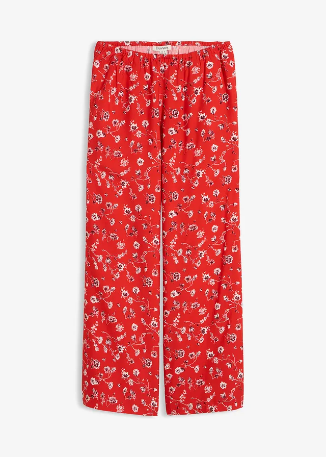 Broek van soepele viscose, Kleur: aardbeirood gebloemd