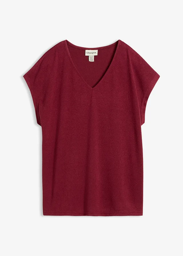 Oversized shirt in gebreide look, Kleur: robijnrood