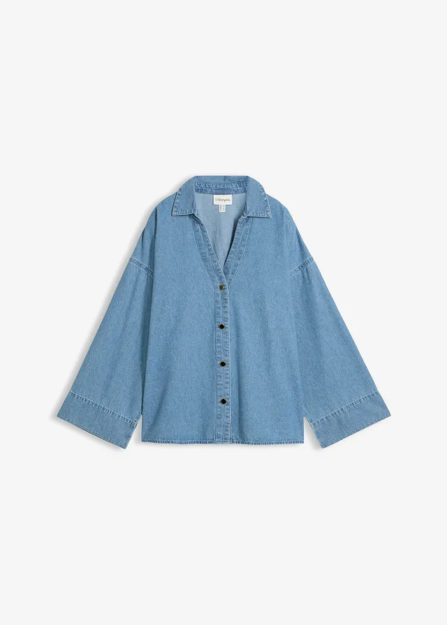 Chemisier en jean 100% coton, Couleur: bleu clair denim