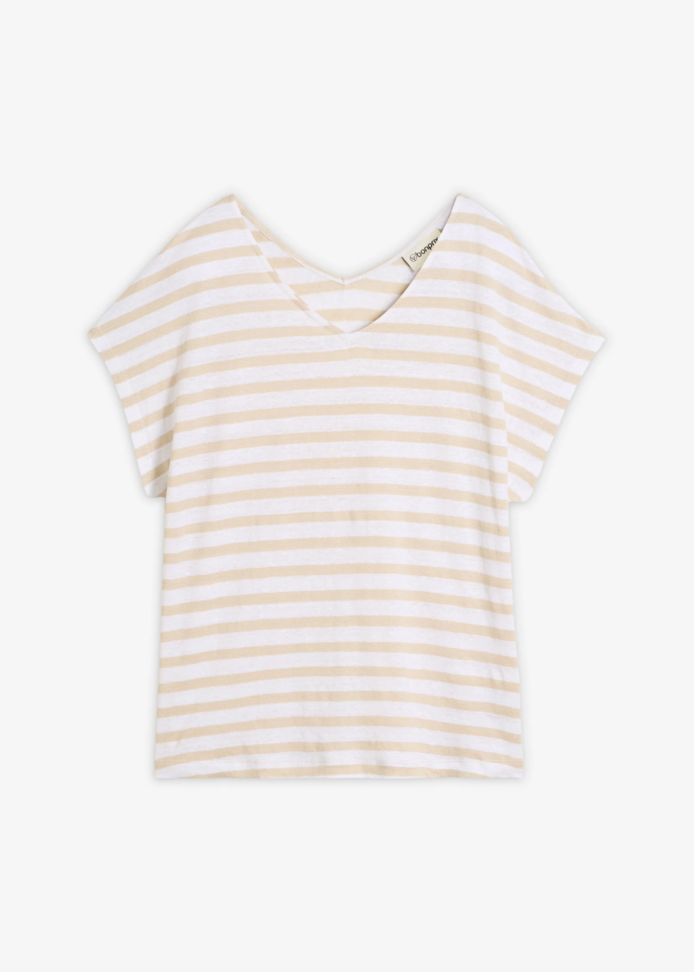 T-shirt 100% lin à manches chauve-souris • sable clair/blanc rayé • Boutique bonprix
